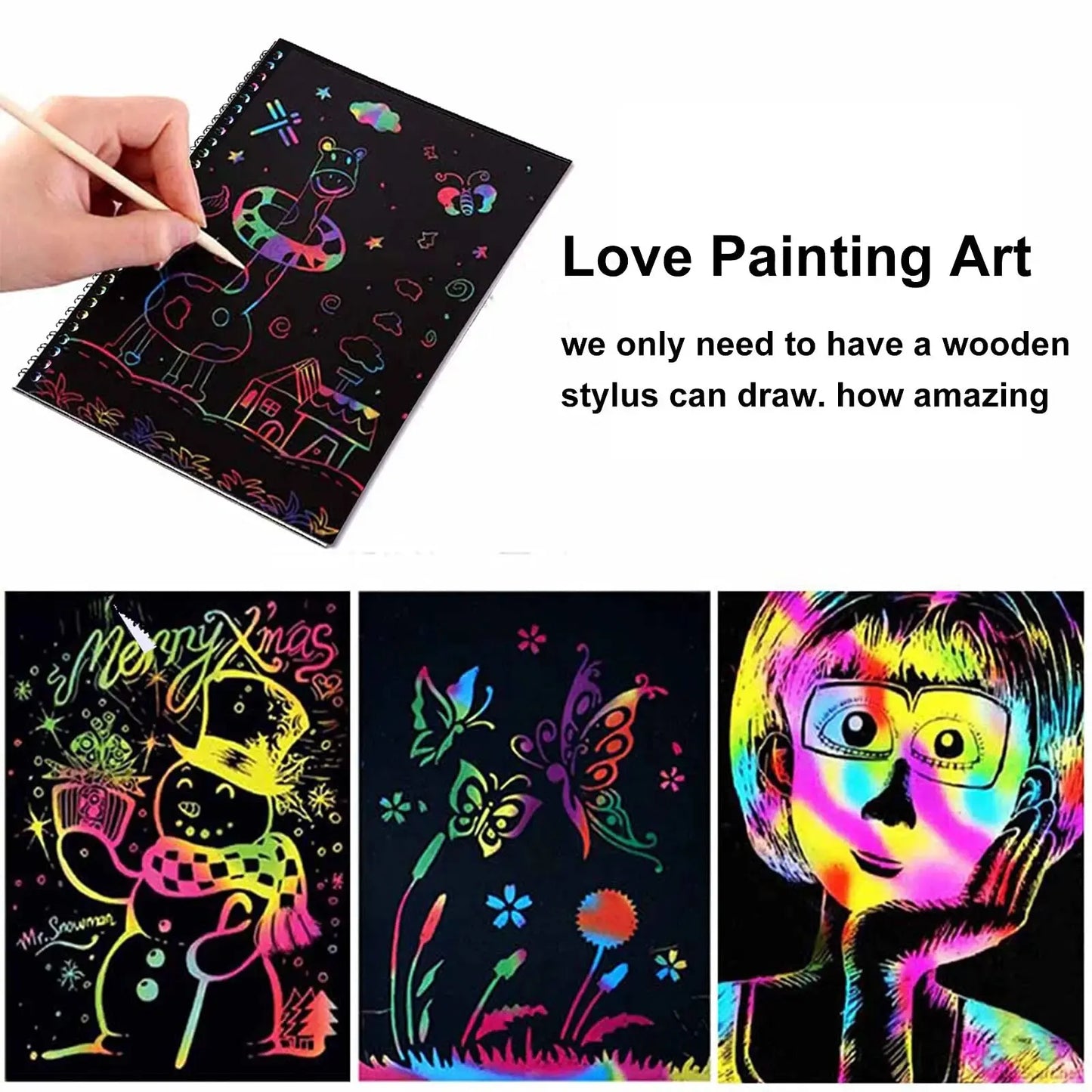 Rainbow Scratch Paper Art Book Neon with Wood Stick